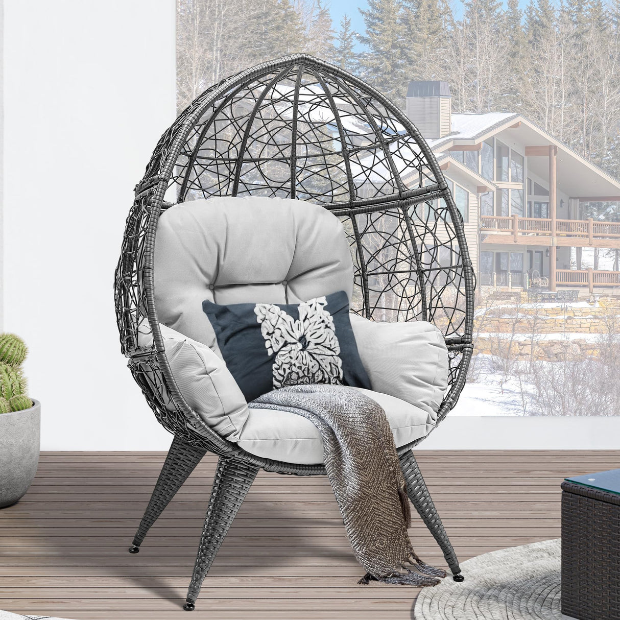 YITAHOME Egg Chair Wicker Indoor Outdoor Oversized Large Lounger with Stand Cushion Leveling Feet Egg Basket Chair 330lbs Capacity for Patio, Bedroom, Living Room, Garden, Backyard, Balcony-Grey YITAHOME