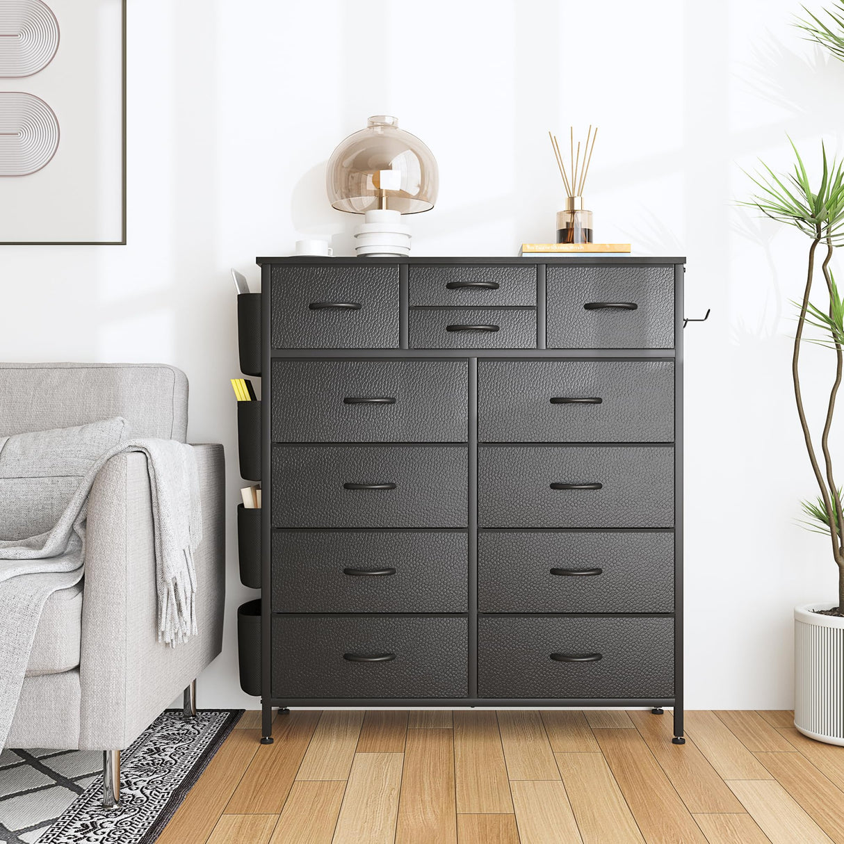 Lulive Dresser for Bedroom with 12 Drawers, Tall Dresser Chest of Drawers with Side Pockets and Hooks, Fabric Dresser Storage Tower for Closet, Hallway, Living Room (Black) Lulive