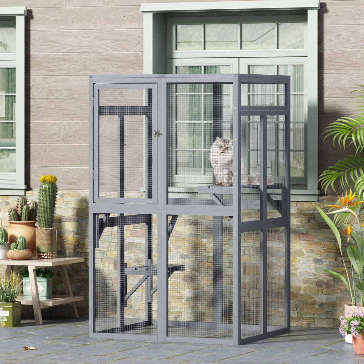 COZIWOW Catio Outdoor Cat Enclosure Window Access, Wooden Cat House Shelter, Kitty Cage with 3 Platforms for Patio Indoor (Grey) COZIWOW