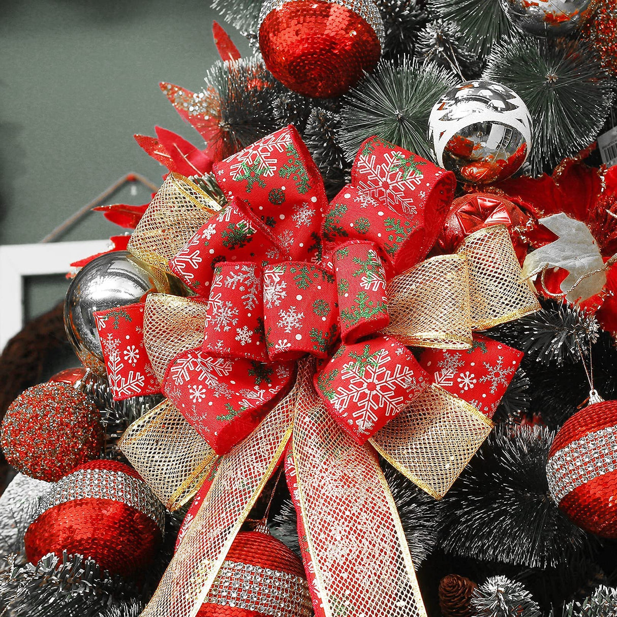 Christmas Tree Topper Bow, 44X12 Inch Artificial Xmas Tree Flower Topper Decor, for Family, Wedding, Birthday Party, Indoor Outdoor Thanksgiving Christmas Decoration - Red/Gold/Snowflake. RoseCraft