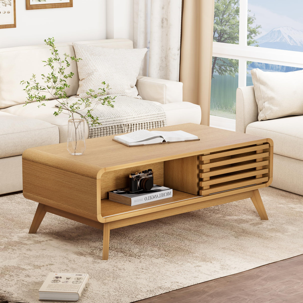 Coffee Table with Storage, Mid Century Modern Wooden Living Room Center Table, Furniture Farmhouse Wooden Coffee Table for Living Room, Oak Royal Windsor