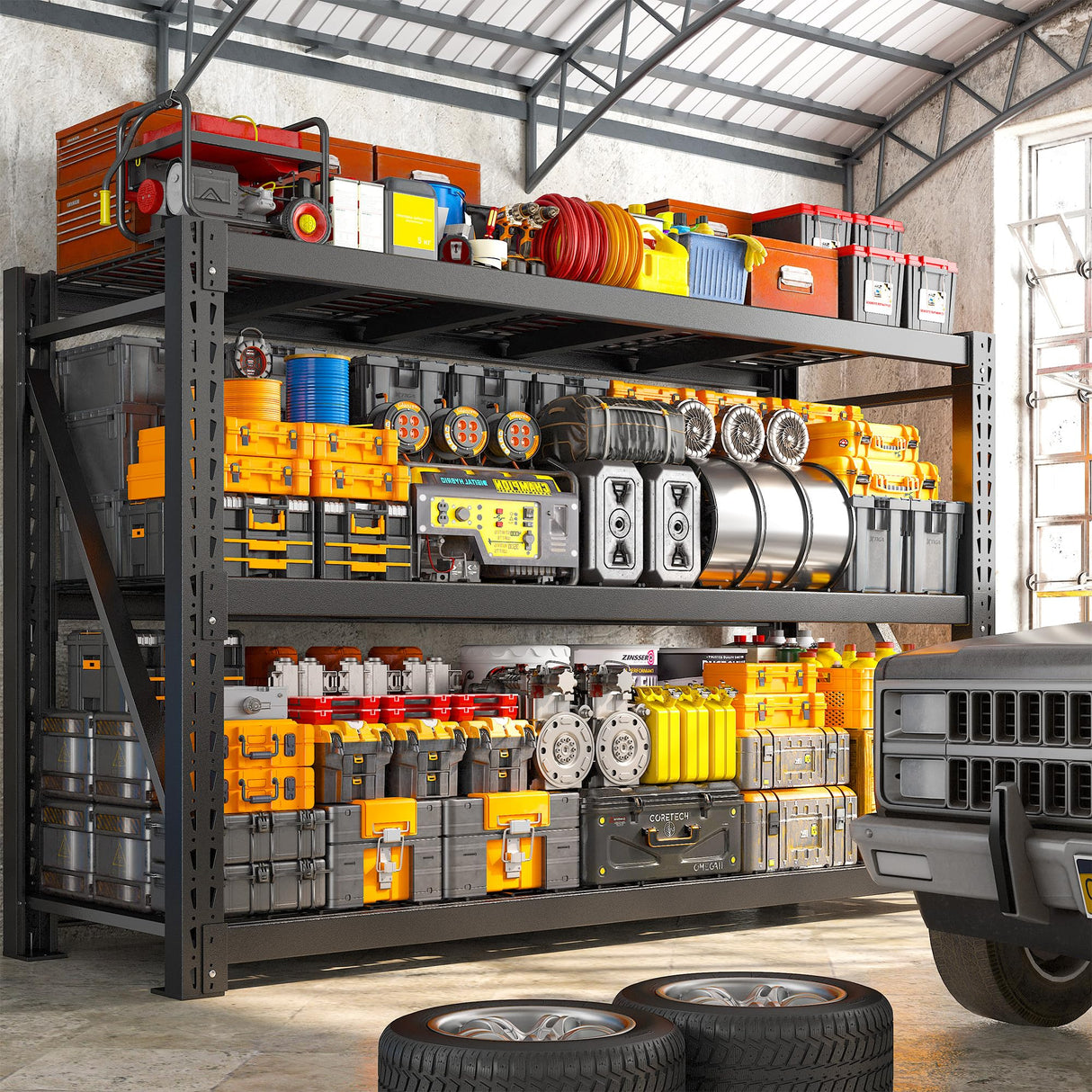 Bepatio 77" W Garage Shelving Storage Shelves, 3 Tier Metal Shelving Unit Heavy Duty for Storage, Adjustable Black Shelves for Commercial, Industrials, Garage, Basement, 77.2" W*23.7" D*66.2”H Bepatio