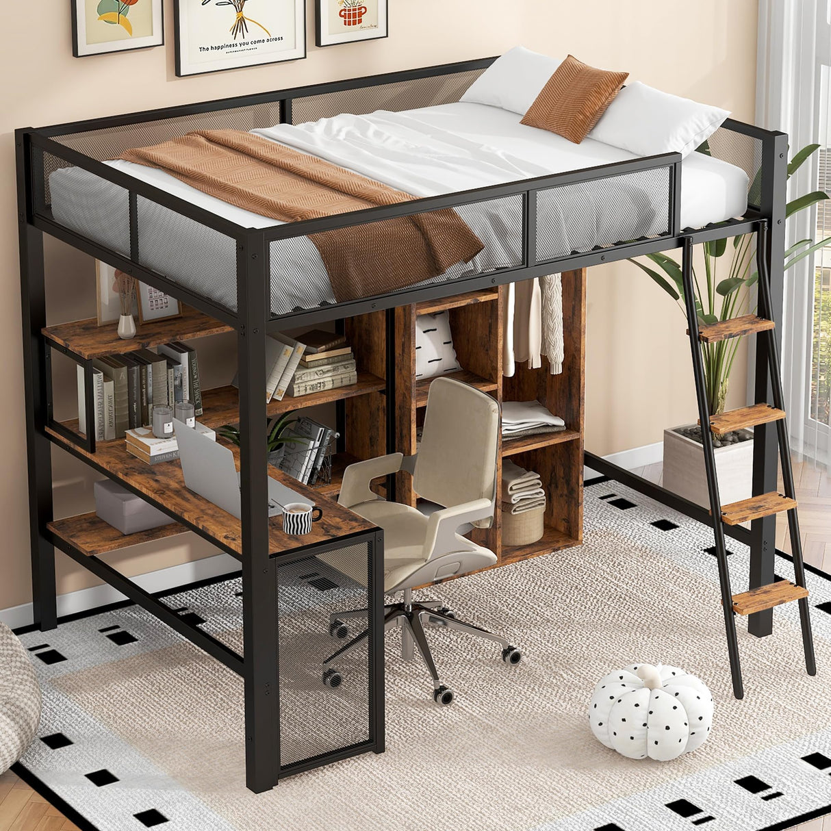 MaiDeHaoo Full Loft Bed with Desk and Storage Loft Bed Full with L Shaped Desk and Cabinet - Black MaiDeHaoo