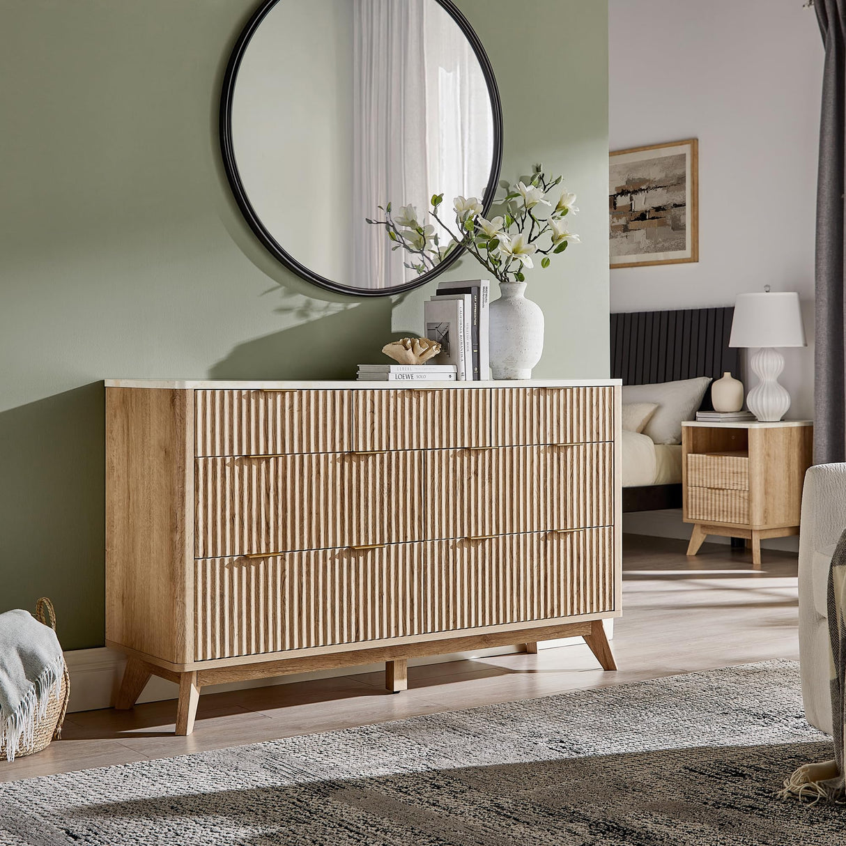 T4TREAM Fluted 7 Drawers Dresser, 54" Wide Modern Chest of Drawers with Faux Marble Top, Curved Profile Design, Dresser TV Stand, Wood Drawer Organizer for Bedroom, Living Room, Hallway, Natural Oak T4TREAM