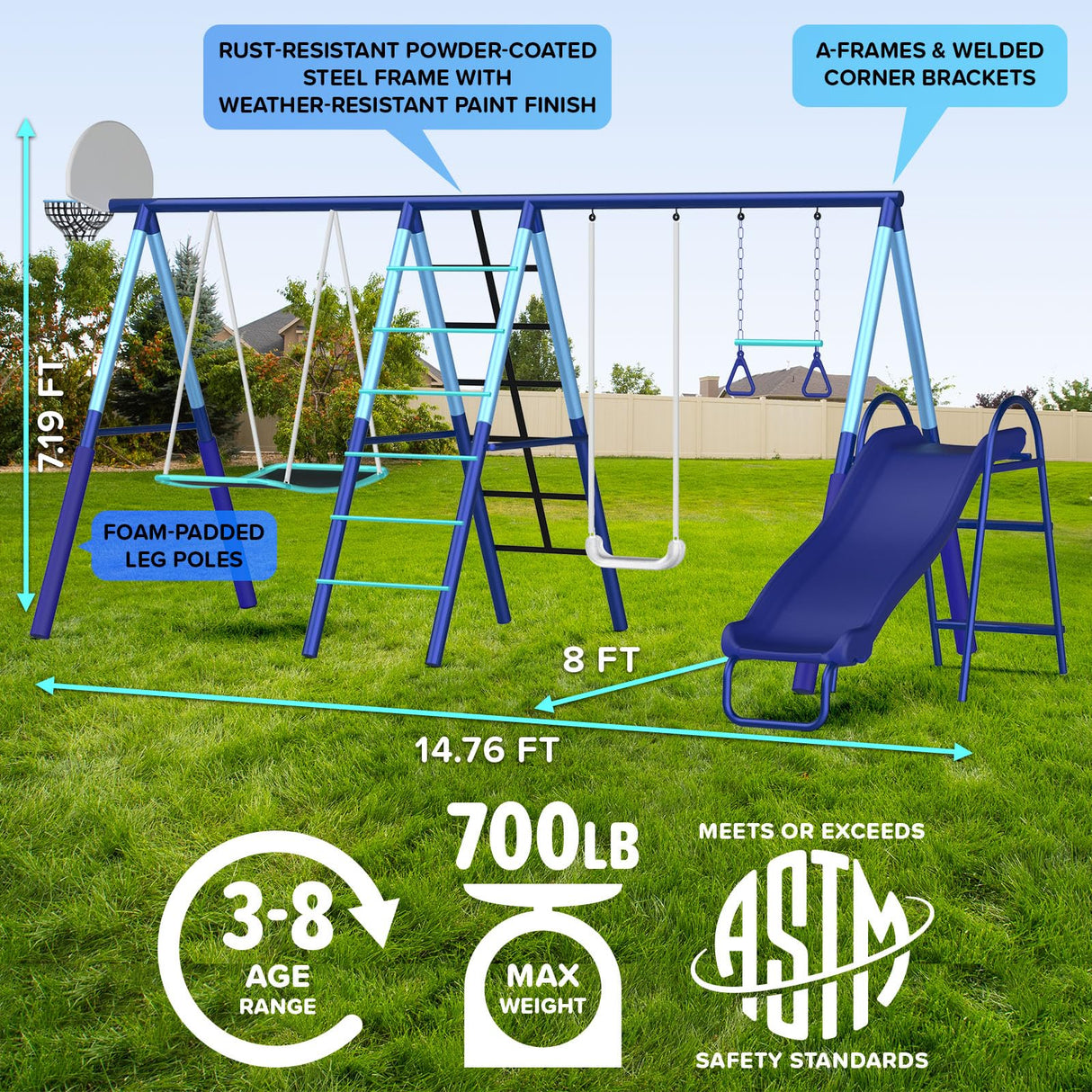 Sportspower Ramona Metal Swing Set 7-in 1: 3 Swings, Climbing Ladder and net, Basketball Hoop, and 5-ft Blow Molded Slide, 700lb Capacity, Yellow & Blue, Bonus Anchor kit Included Sportspower