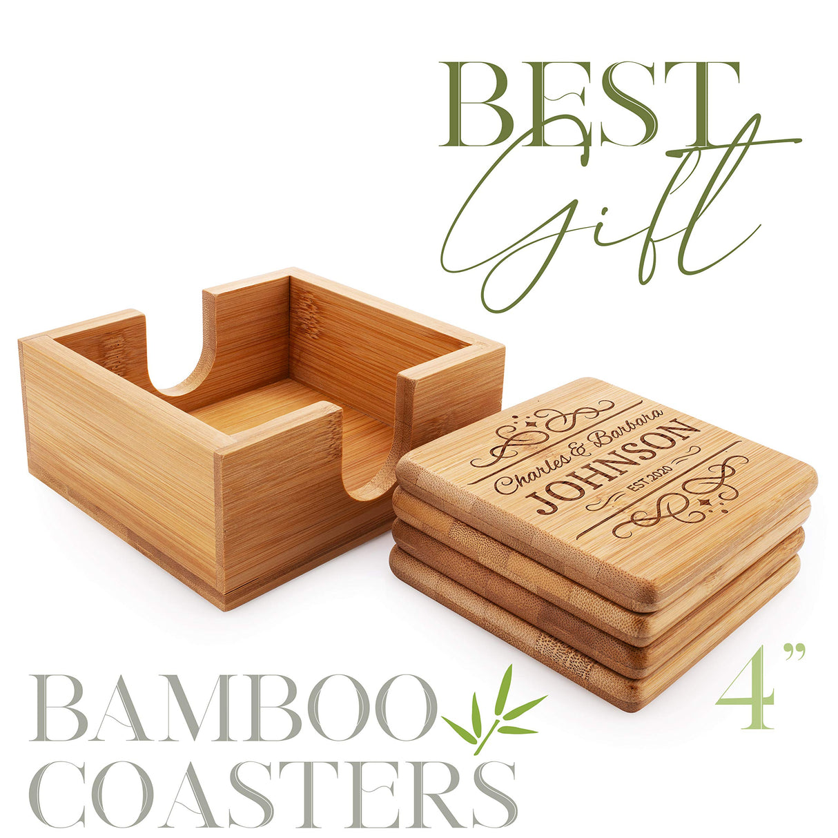 Set of 4 - Personalized Coasters w/Holder - 6 Designs - Custom Laser Engraved Bamboo Coasters - Wedding Gifts for The Couples, Anniversary, Engagement USA Custom Gifts