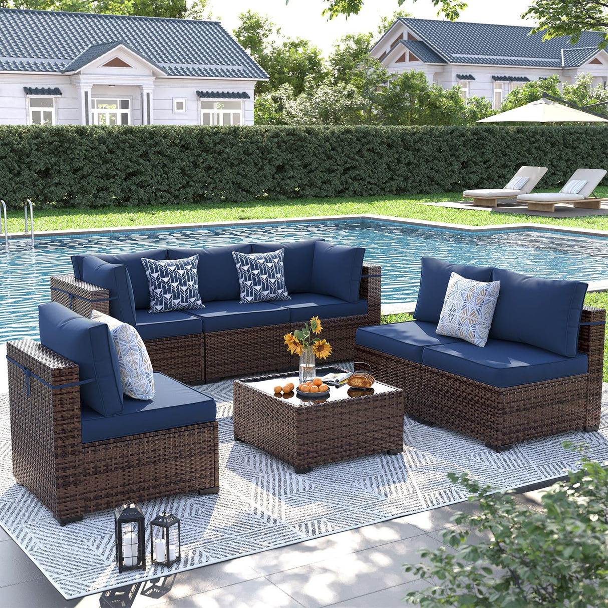 UDPATIO Patio Furniture Set, 7 Piece Outdoor Sectional Sofa, Modular Wicker Outdoor Furniture Conversation Sets with Waterproof Cover for Backyard Deck(Brown/Navy Blue) UDPATIO