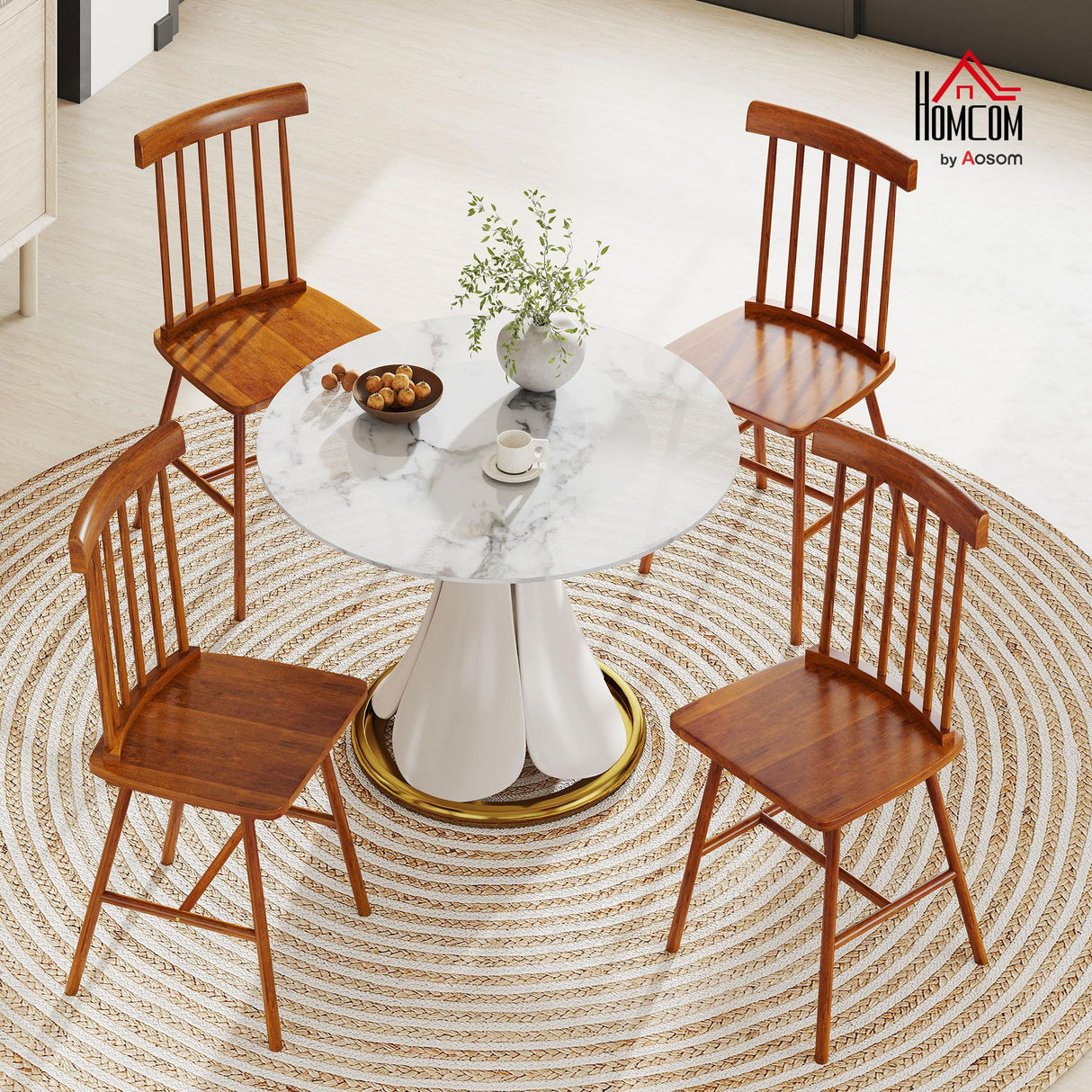 HOMCOM Windsor Dining Chairs Set of 4, Farmhouse Wooden Kitchen Chairs with Rubber Wood Frame and Spindle Backrest for Dining Room, Living Room, Light Brown HOMCOM