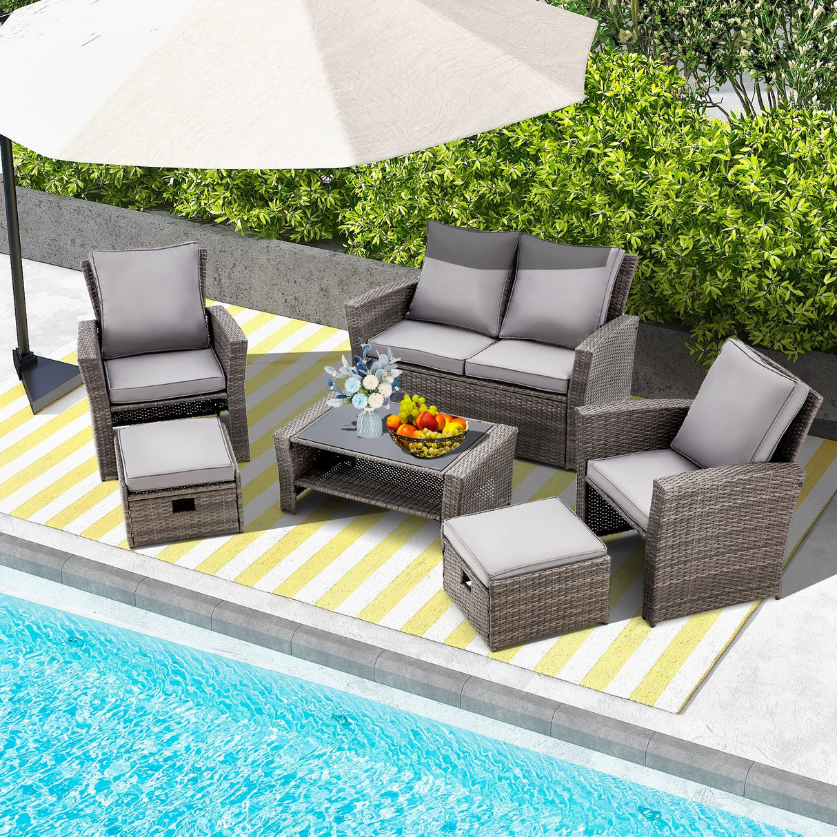 GYUTEI 6 Piece Patio Furniture Set, Outdoor Sectional Conversation Rattan Sofa Set with Ottoman and Outdoor Storage Table for Garden, Porch, Backyard (Dark Gray) GYUTEI