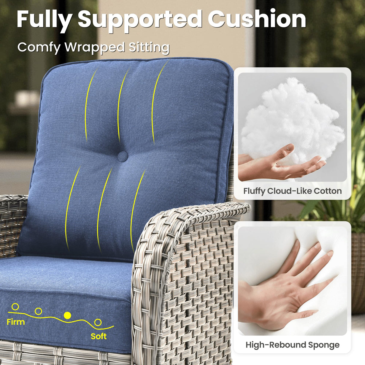 ovios 9 Pieces Patio Furniture Set Outdoor Sectional Sofa Couch with Fire Pit Table Rocking Swivel Chairs Deep Seat Chaise, Modern Modular Wicker Rattan Conversation Set, Denim Blue ovios