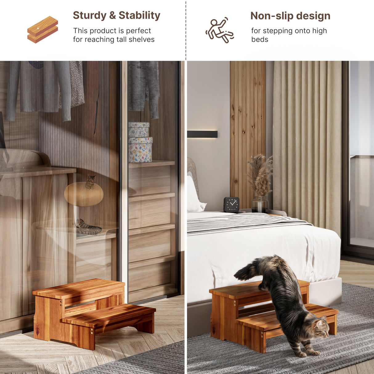 TINAMO 25" Long Step Stool for Adult & Kid - Wooden Two Step Stool 500 Lbs - Riser 2-Step Spa & Hot Tub Stairs for Pool - Heavy Duty 2 Step Stools for Bed, Kitchen, Indoor/Outdoor (Acacia Wood) Tinamo