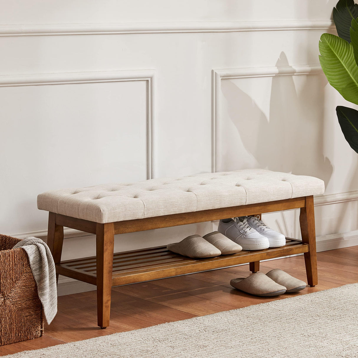 HUIMO Entryway Shoe Bench, End of Bed Bench,Upholstered Button-Tufted Bench for Kitchen, Fabric Ottoman Bench for Living Room, Padded Bench with Solid Wood Shelf Beige HUIMO