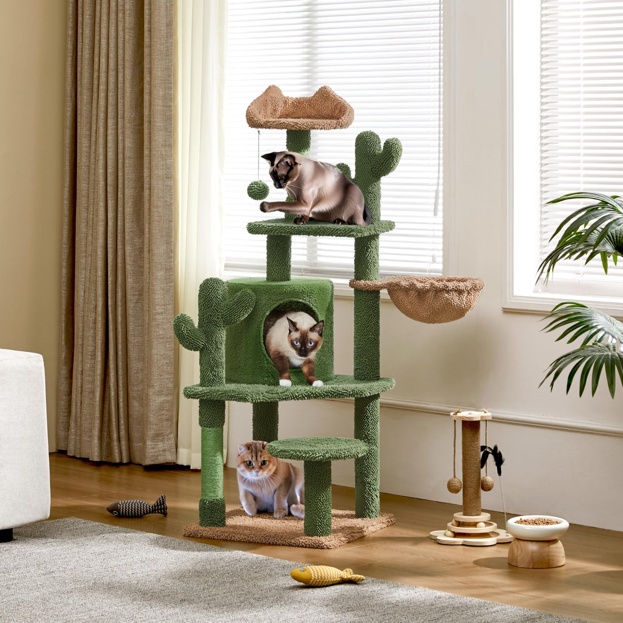 Yaheetech Cactus Cat Tree, 53.5in Cat Tower for Indoor Cats with Sisal Covered Scratching Post, Condo, Plush Perches and Fluffy Balls, Multi-Level Cat Climbing Tree Play House Activity Center, Green Yaheetech