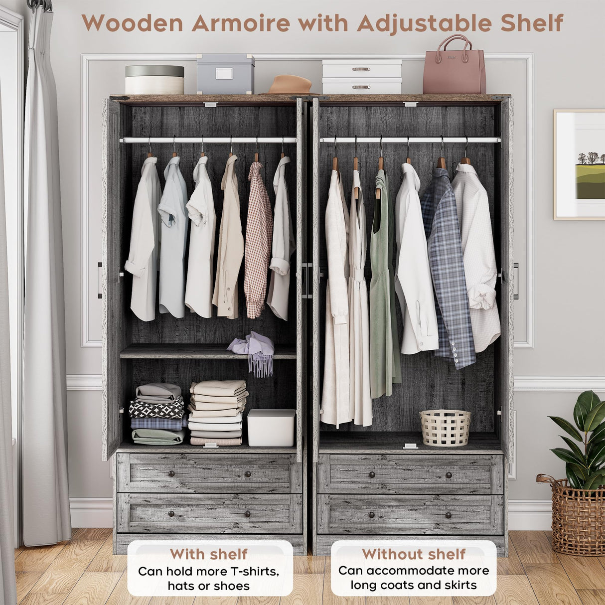 Brafab Armoire Wardrobe Closet with 2 Modern Doors, 71" Tall Freestanding Closet Wardrobe Cabinet with Drawers and Hanging Rail, Wooden Storage Cabinet with Shelve for Bedroom, Kids' Room, Grey Brafab