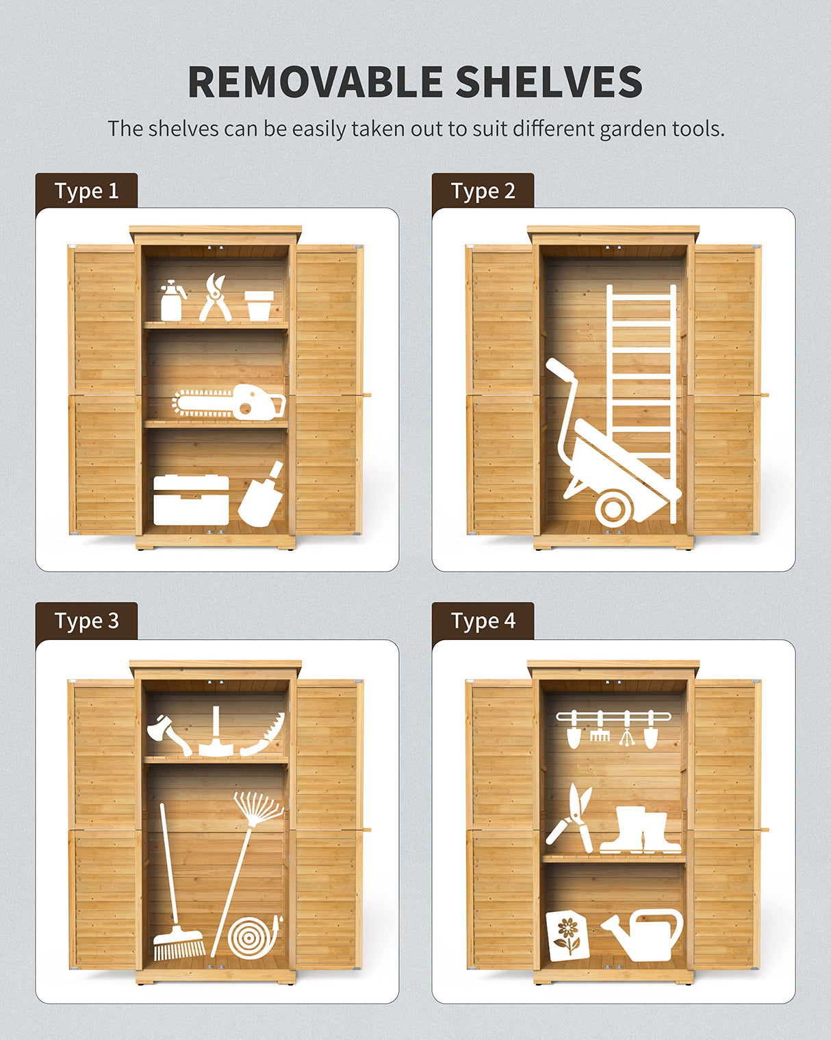 Gizoon Outdoor Storage Cabinet with 3 Shelves, Double Lockable Wooden Garden Shed with Waterproof Roof, Outside Vertical Tall Tool Shed for Yard Patio Lawn Deck-Natural Gizoon