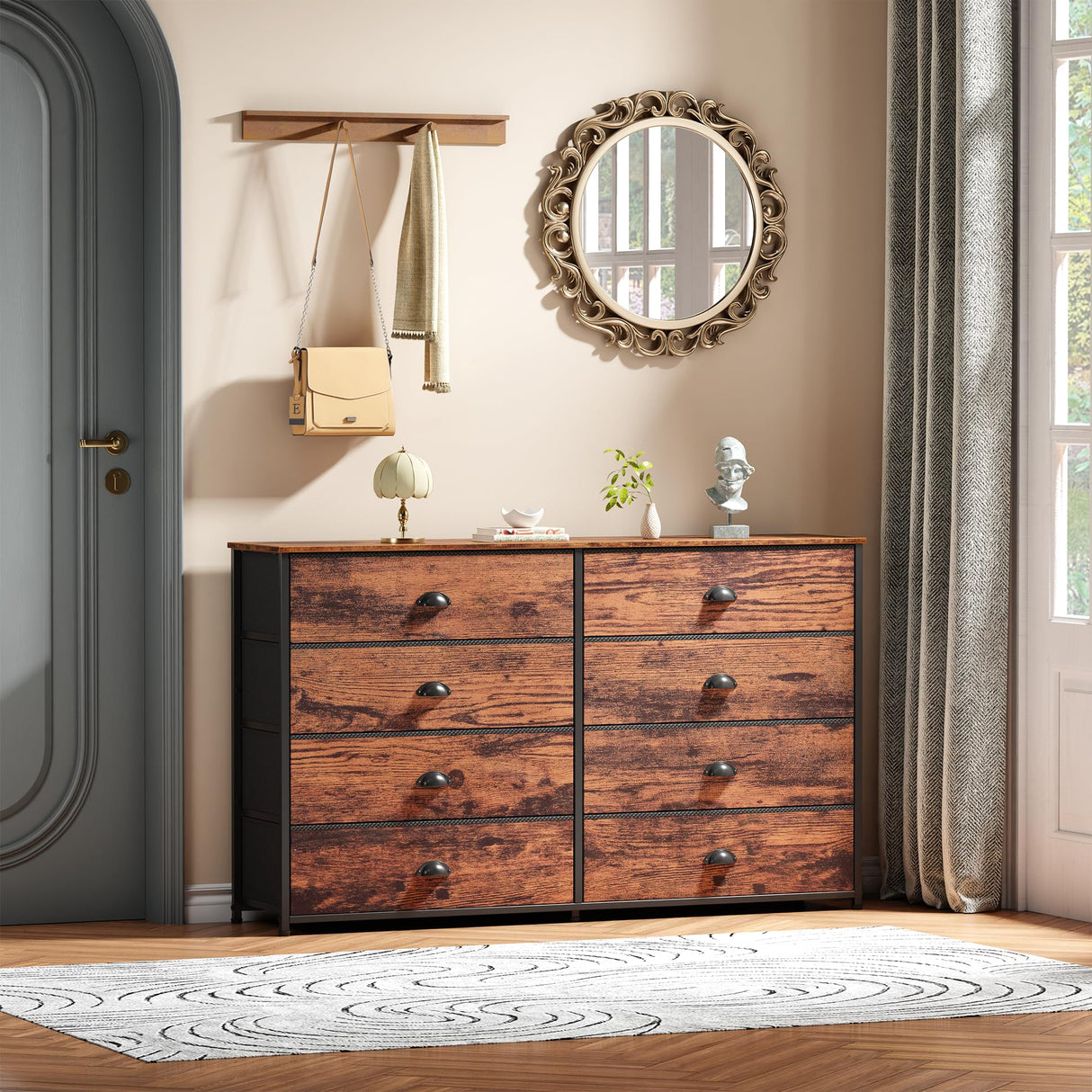 Furnulem Long Dresser for Bedroom, TV Stand for 55'' TV, Wide Storage Drawer Unit with 8 Fabric Bins, Double Dresser for Bedroom, Office, Dorm, Closet, Entryway, Wood Top (Rustic Brown) Furnulem