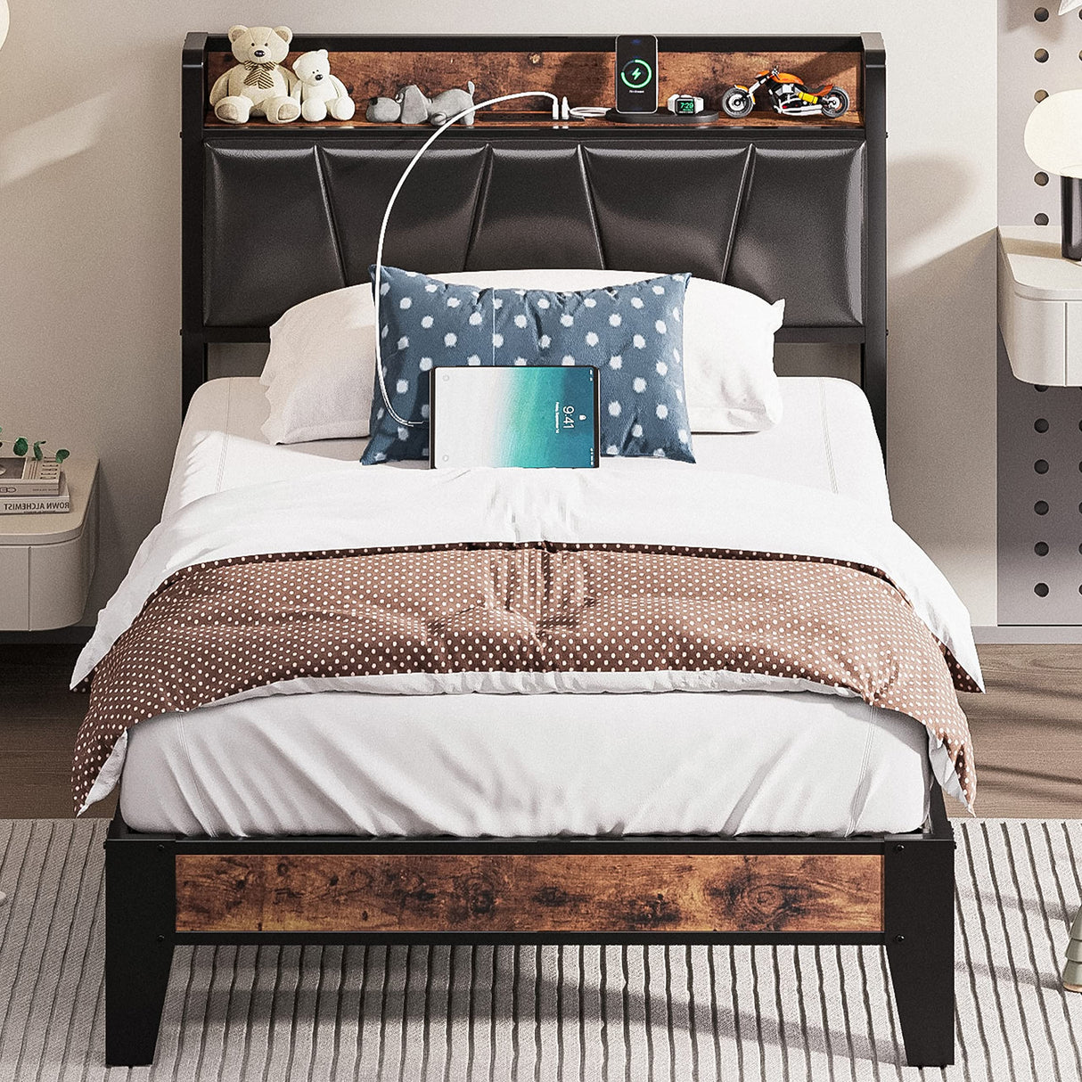 LIKIMIO Vintage Brown and Black Twin Bed Frame with Storage Headboard and Charging Station LIKIMIO