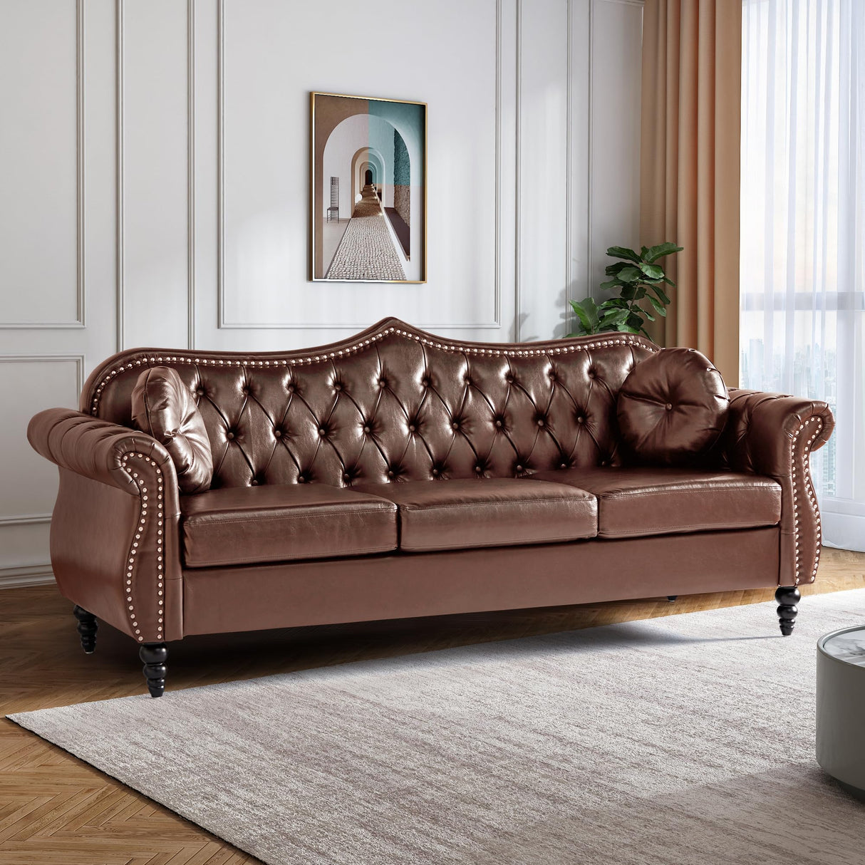 AVZEAR 82" Three Seater Sofa, Chesterfield Sofa, Mid-Century Modern PU Upholstered Sofa, Deep Button Tufted Living Room Sofa with Two Throw Pillows, Brown AVZEAR