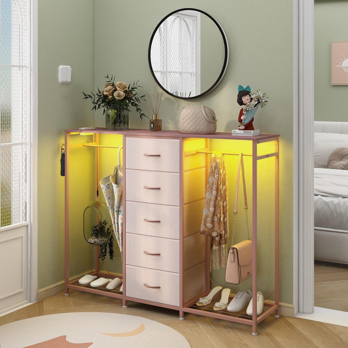 Espelism Dresser for Bedroom with Clothes Rack 5 Drawer Dresser with Charging Station LED Lights White Chest of Drawers Flexible Shelf and Open Storage Space for Bedroom Living Room (Pink) Espelism