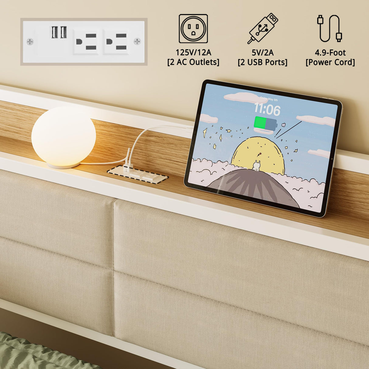 LIKIMIO Daybed with Trundle, Sturdy Metal Twin Bed Frame with Upholstered Headboard and Charging Station for Living Room, Bedroom and Guest Room, White LIKIMIO