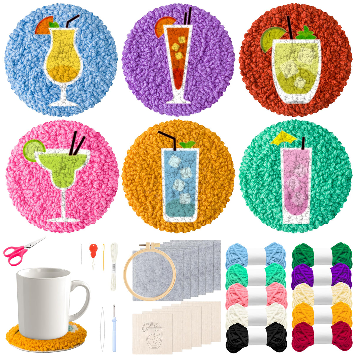 FoszaSzept Cocktail Punch Needle Coaster Kit, 22Pcs Embroidery Needle Coasters Crafts for Beginners, Easy DIY Mug Tufted Making Set with 6 Patterns Hoop Self Adhesive Felt Cloth Threading Device FoszaSzept