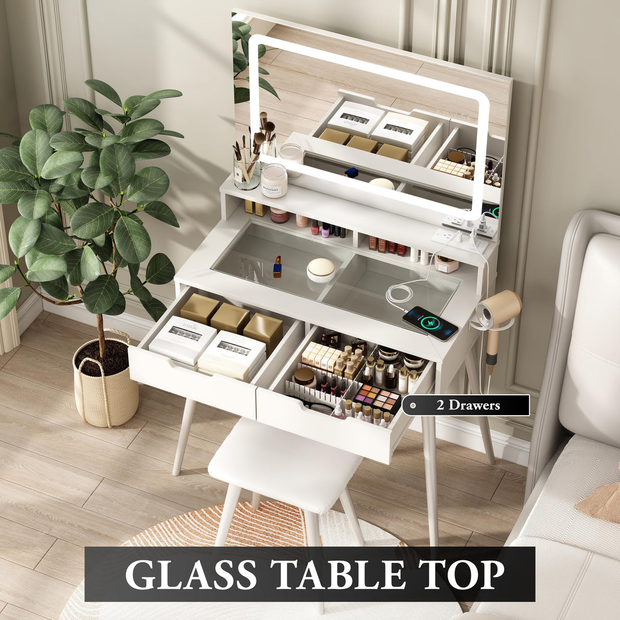 Fameill Small Makeup Vanity Desk Lighted Mirror&Stool,Vanity Table Set with Storage Drawer & Chair,White Vanity for Girls with Power Strip,Vanity Table for Bedroom,White Fameill