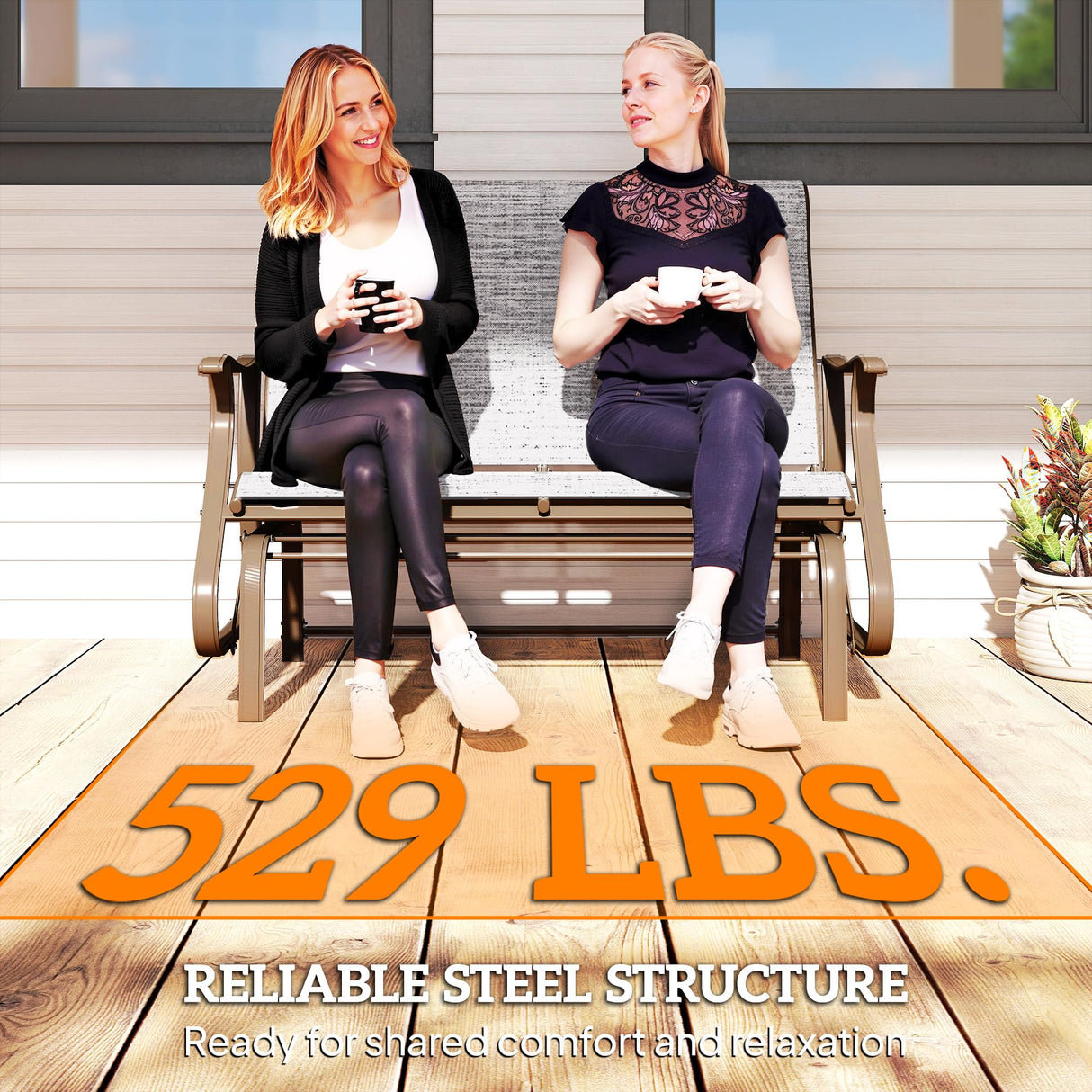 Outsunny 2-Person Outdoor Glider Bench,Patio Glider Loveseat Chair with Powder Coated Steel Frame,2 Seats Porch Rocking Glider for Backyard, Lawn, Garden and Porch, Mixed Gray Outsunny