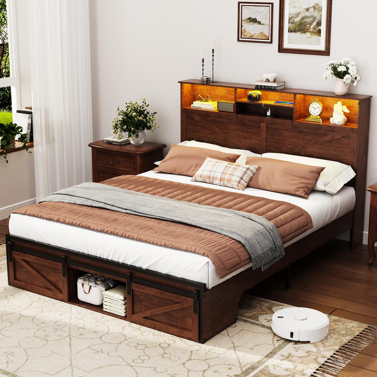 Farmhouse Queen Bed Frame with Bookcase Storage Headboard, Charging Station and LED Lights, Wood Bed Frame Queen Size with Sliding Barn Door Storage, Noiseless, No Box Spring Needed, Reddish Brown Dolonm