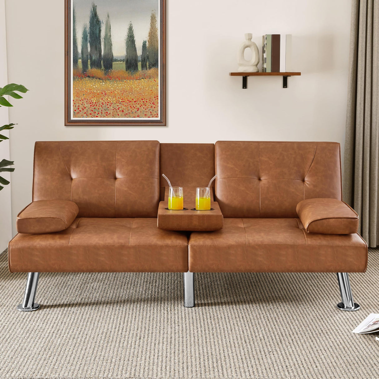 Yaheetech Convertible Sofa Bed Adjustable Couch Sleeper Modern Faux Leather Home Recliner Reversible Loveseat Folding Daybed Guest Bed, Removable Armrests, Cup Holders, 3 Angles, 772lb Capacity, Brown Yaheetech