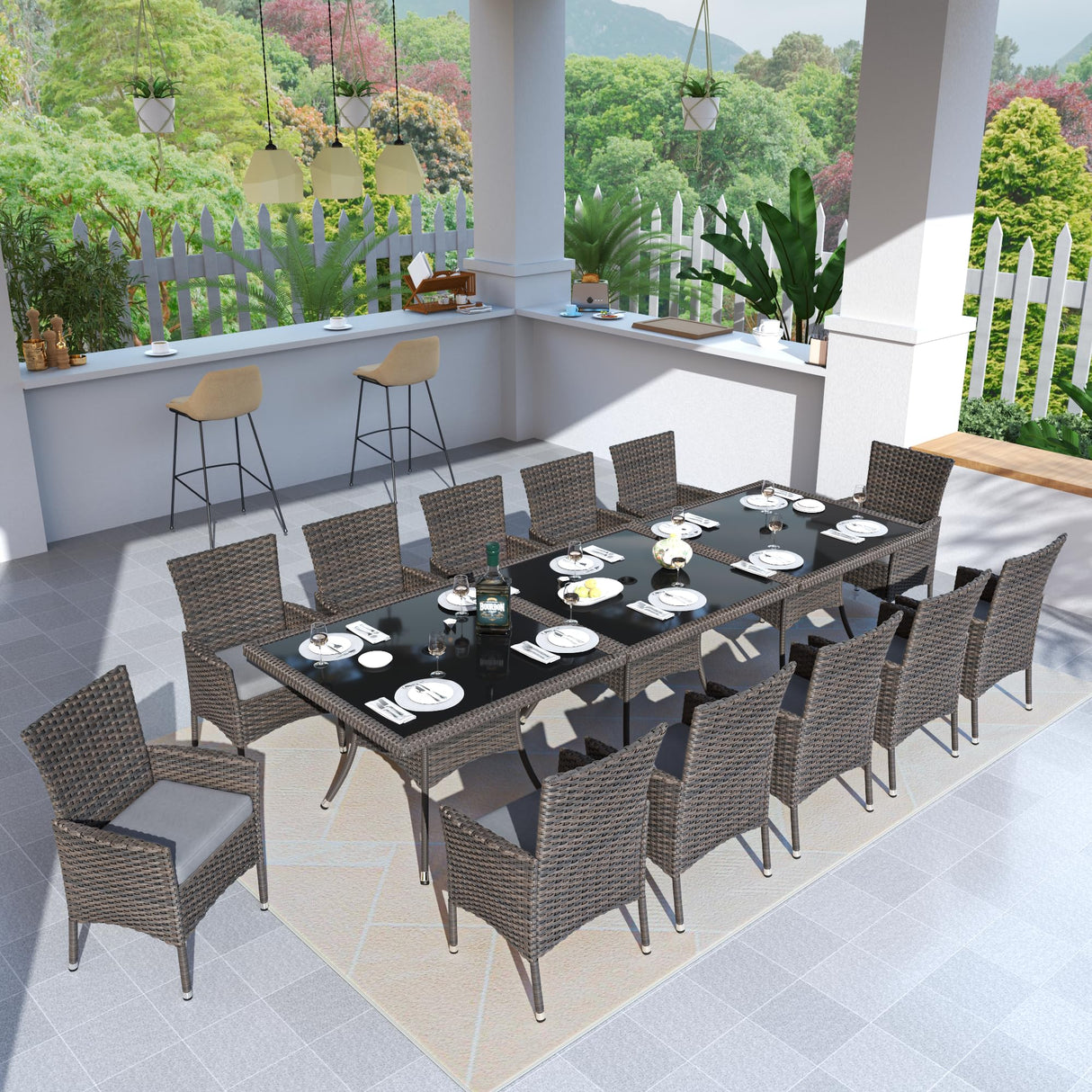 ASJMR 15 Pieces Dining Sets for 12 with Rattan Wicker Dining Set Chairs and Square Table Glass Top with Umbrella Cutout, Outdoor and Indoor Set for Patio, Backyard, Garden, Poolside, Kitchen- Grey ASJMR
