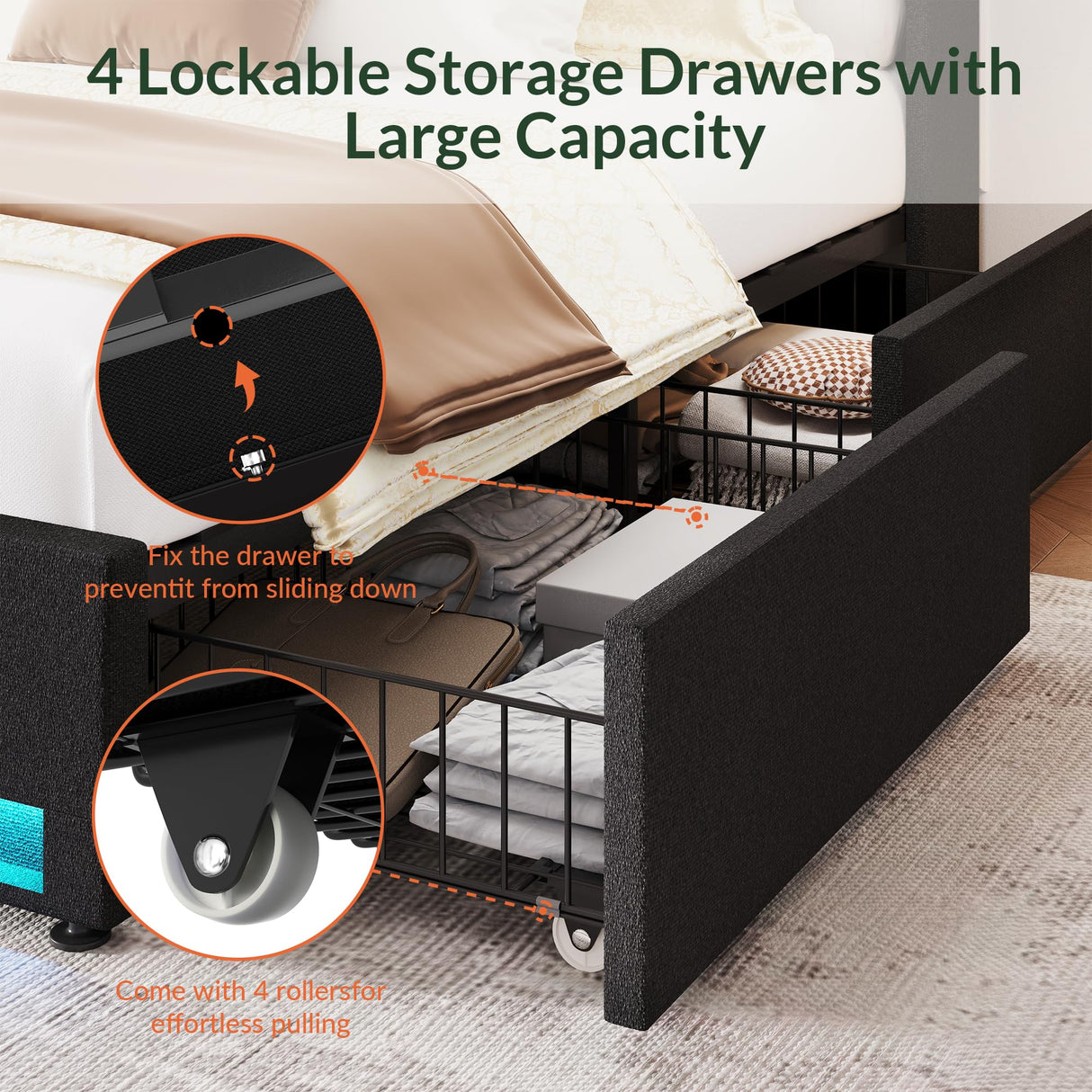 LARMACE King Size Bed Frame with Storage Drawers and Wingback Headboard Velvet Upholstered Platform Bed Frame Tufted Beds with Led Lights, Heavy Duty, No Box Spring Needed, Easy Assembly, Black LARMACE