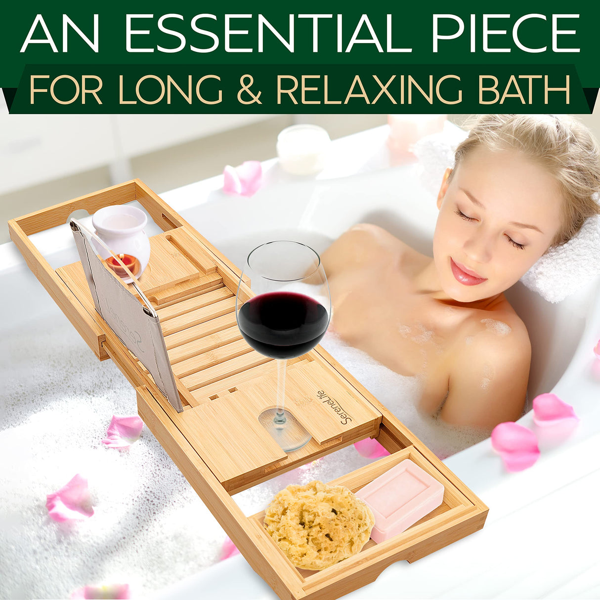 SereneLife Luxury Bamboo Bathtub Caddy Tray - Adjustable Natural Wood Bath Tub Organizer with Wine Holder, Cup Placement, Soap Dish, Book Space & Phone Slot for Spa, Bathroom & Shower - SLBCAD20 SereneLife