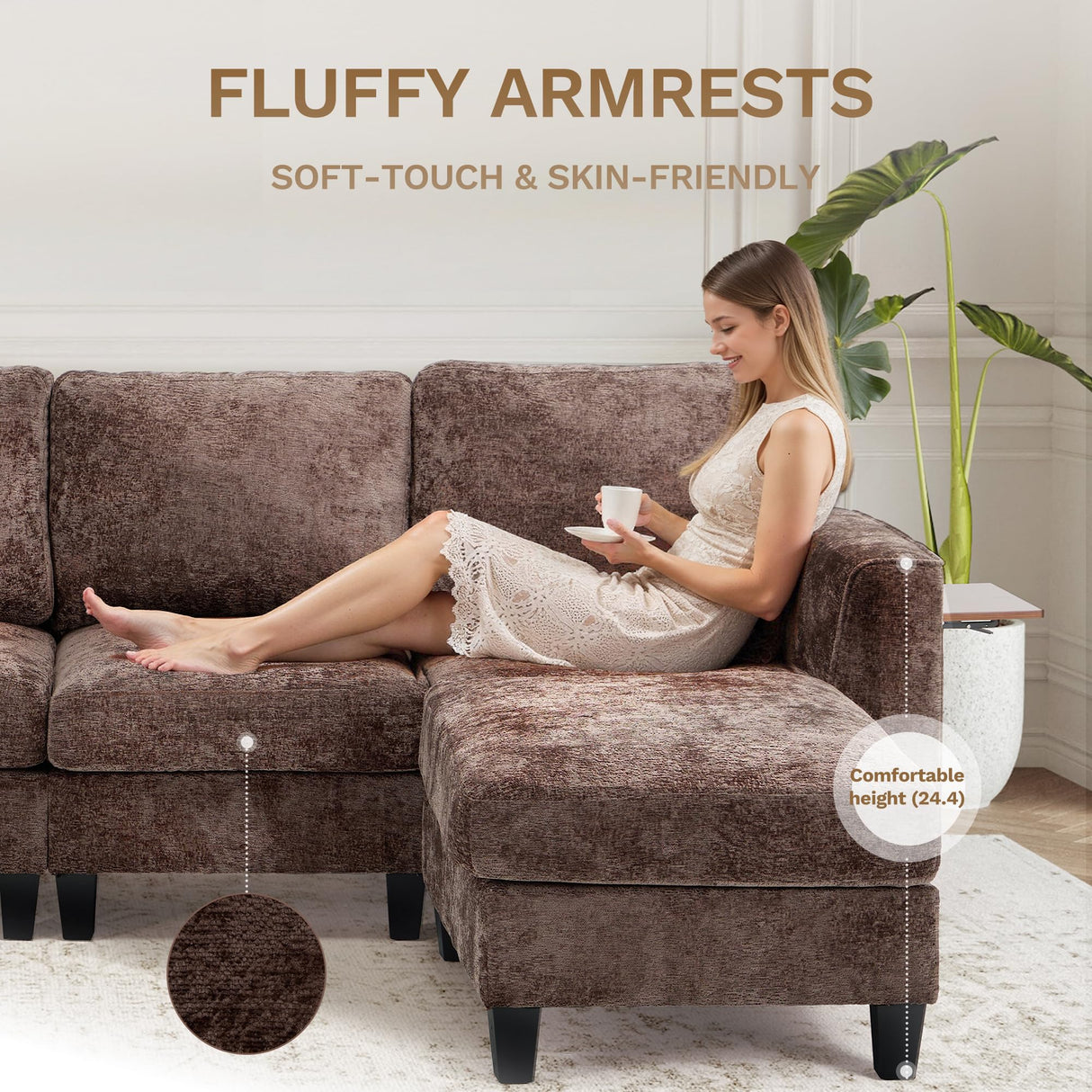 COLAMY 118" U-Shaped Sectional Couch, 4-Seat Modular Sofa with 2 Ottomans and Foldable Side Table, Brown for Living Room COLAMY