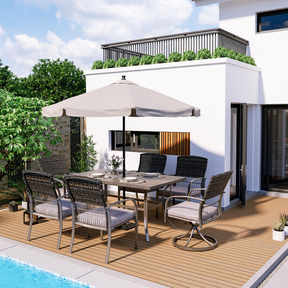 Pamapic 7 Piece Patio Dining Set for 6,Outdoor Wicker Furniture Set for Backyard Garden Deck Poolside with 4 Dining Chairs and 2 Swivel Rockers,Iron Slats Table Top, Removable Cushions(Gray) Pamapic