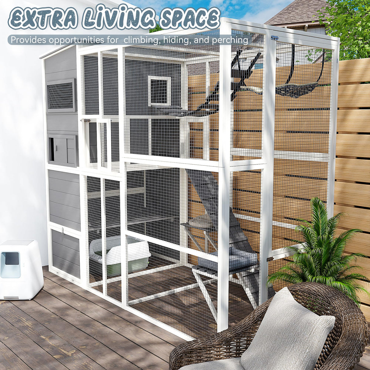 Catio Outdoor Cat Enclosure,4 Tiers Large Enclosures for Mulitiple Cats Walk in Cat Patio with Waterproof Roof, 74" Outdoor Catios with Hanging Hammock (Grey, 74”) QUYZE