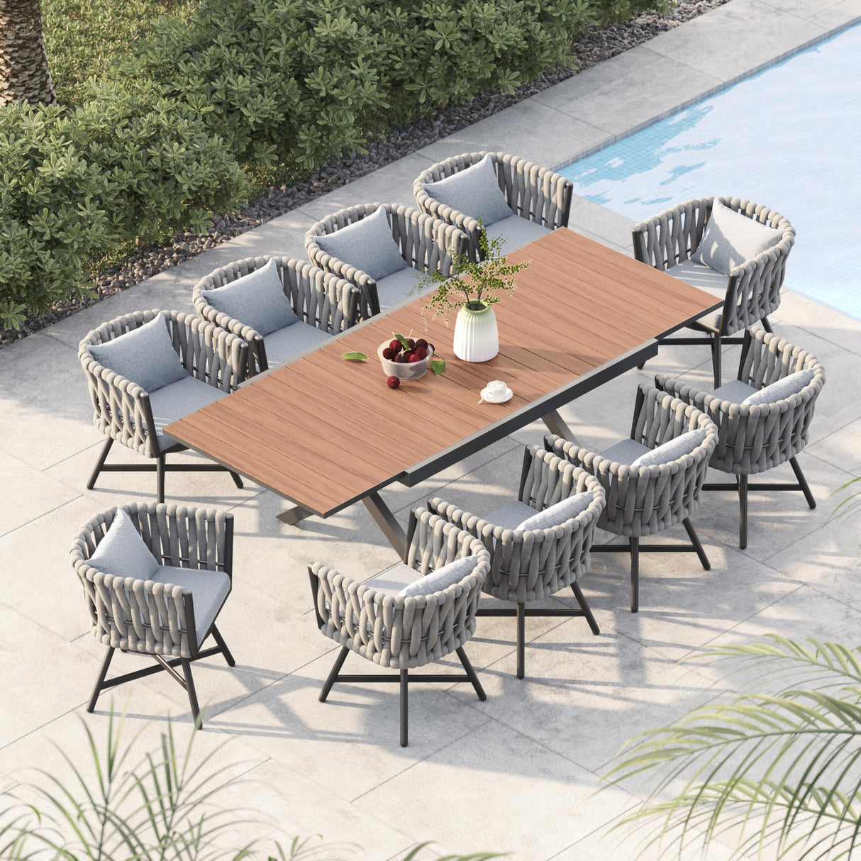Grand patio 11-Piece Outdoor Dining Set for 10, Patio Dining Furniture Set for 10 Swivel Rope Wicker Chairs & 1 Extendable Rectangular Dining Table, Brown Grand patio