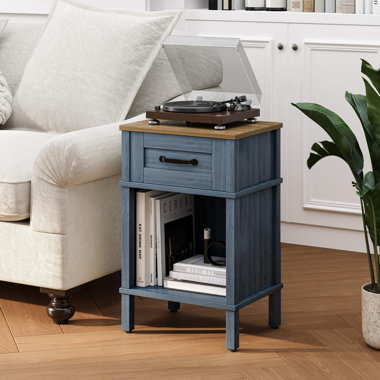 Farmhouse Nightstand with Drawer, Wood Bedside Table with Open Shelf, Modern Bedside Cabinet for Bedroom, Small End Table, Side Tables with Storage Shelf for Bedroom Blue LET512LR YAUKTAK