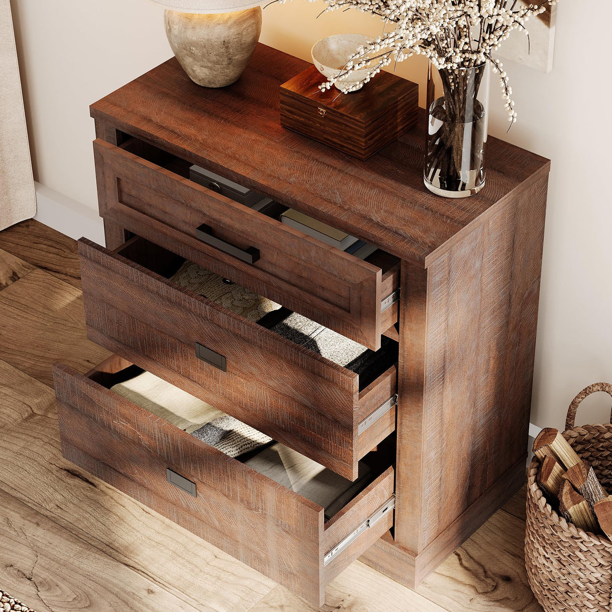 WAMPAT Farmhouse 9 Drawers Dresser for Bedroom,94 inch 3 in 1 Dresser with Small Chest of Drawers,Mid Century Modern Wooden Closet Storage Organizer for Living Room, Hallway, Rustic Brown WAMPAT