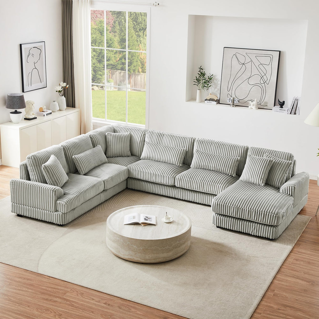 Oversized U-Shaped Sectional Sofa Modern Living Room Couch Upholstered in Soft Corduroy with a Chaise Lounge Merax