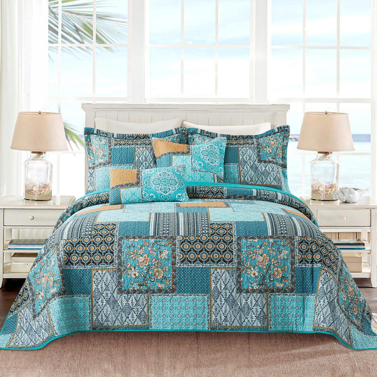 VAPUTAR Oversized King Size Quilt Bedding Set - Cotton California King Size Bedspreads (108 * 118 in) - Lightweight Floral Quilts for Farmhouse Bedroom (Teal/Green Chic, 3 Pieces) VAPUTAR