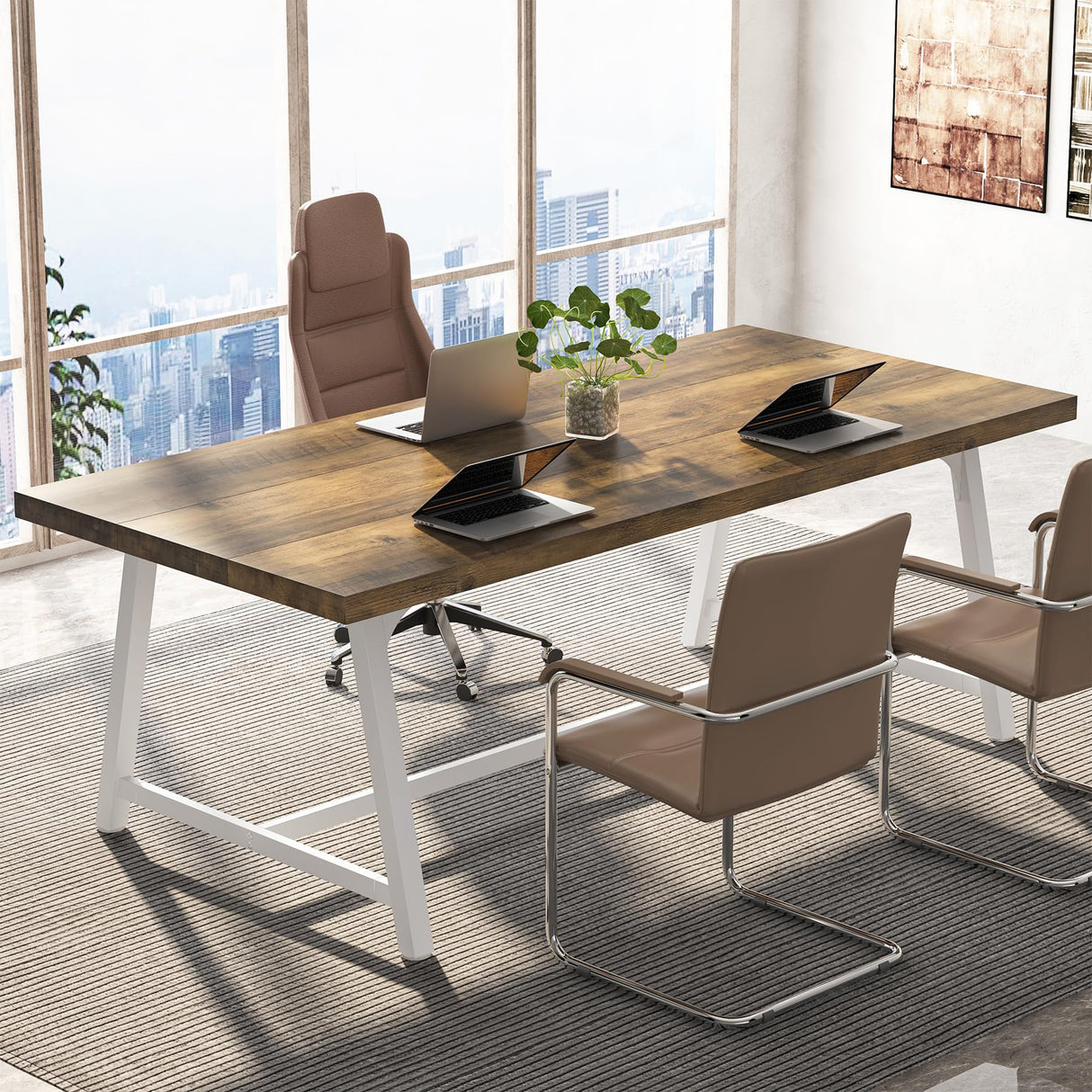 Tribesigns 6FT Rectangle Conference Table, 70.87L x 33.46W x 29.92H Inches Meeting Table for Conference Room, Vintage Wood Office Executive Desk with Strong Metal Frame for 6 People (Oak) Tribesigns