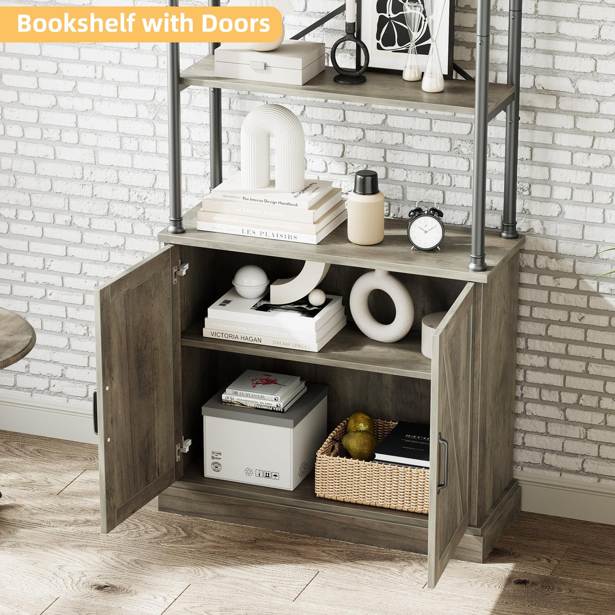 IDEALHOUSE Tall Bookshelf with Doors 73.62in Industrial Storage Open Rack Shelf with Cabinet Wood and Metal Bookcase Farmhouse Bookshelves Large Vintage Display Rack Home Office IDEALHOUSE