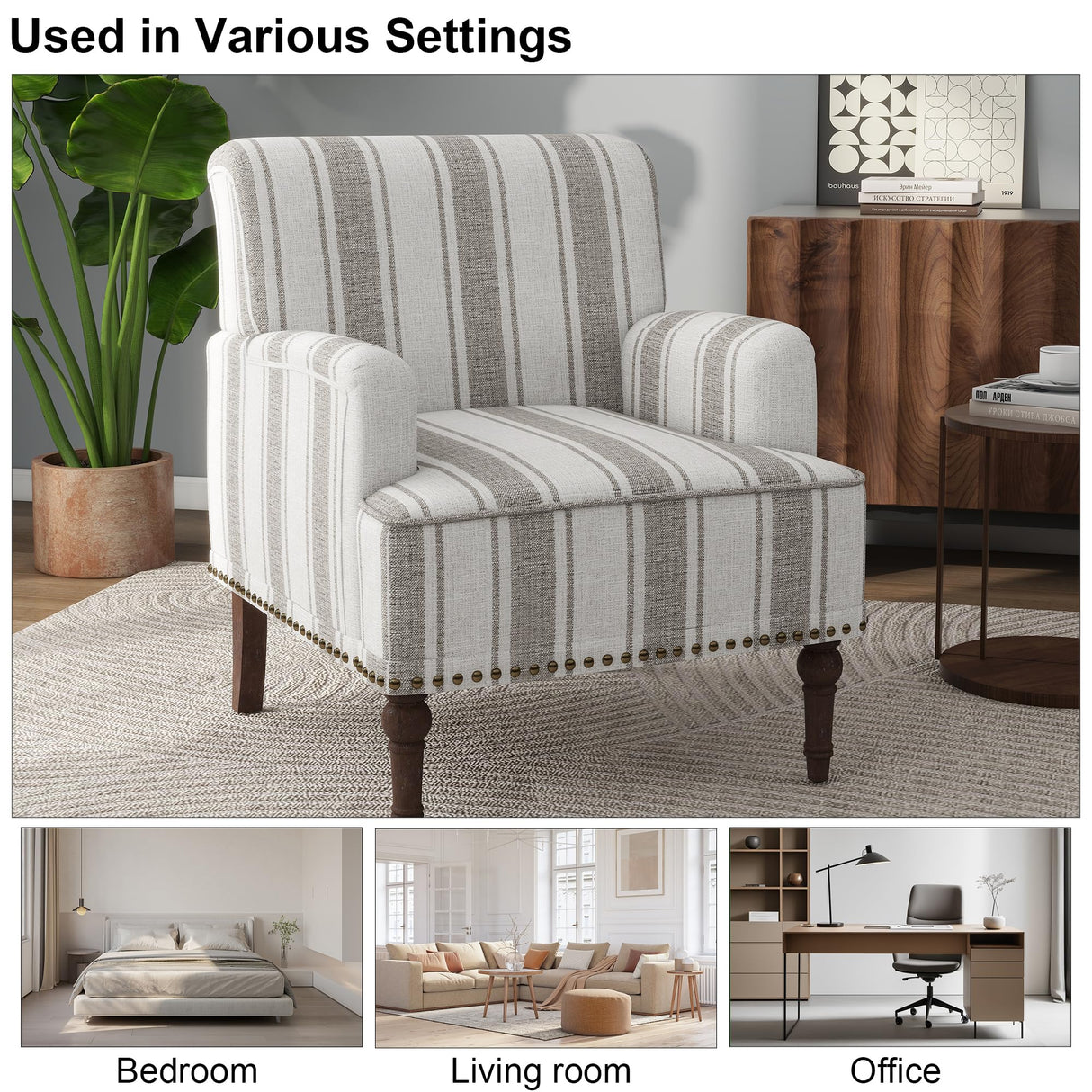 DREAMSIDEA Accent Chair, Mid Century Modern Comfy Armchair for Living Room, Linen Fabric Single Sofa Lounge for Reading Bedroom Apartment Waiting Room with Wood Legs (Brown Stripe, Set of 1) DREAMSIDEA