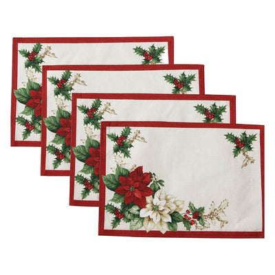 Elrene Home Fashions Red and White Poinsettia Holiday Fabric Placemats, Christmas Mats for Table Decor, 13 Inches x 19 Inches, Set of 4