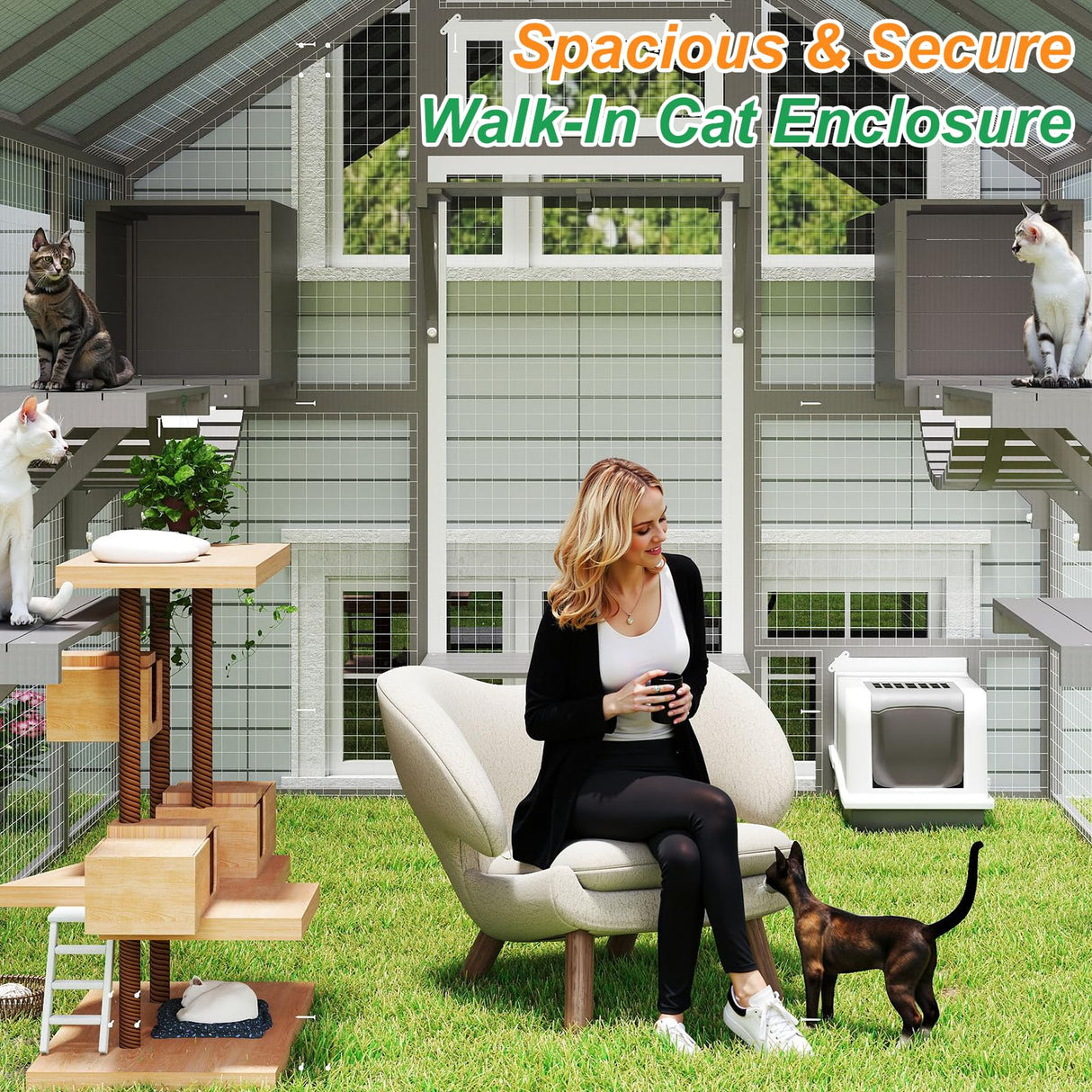 Extra Large Catio Outdoor Cat Enclosure Waterproof, Walk-in Outdoor Pet House for Multiple Cats, Catio Cat Run Cage with Bridges, Weatherproof Full Cover, 8 Platforms, 2 Resting Box Magazoopet