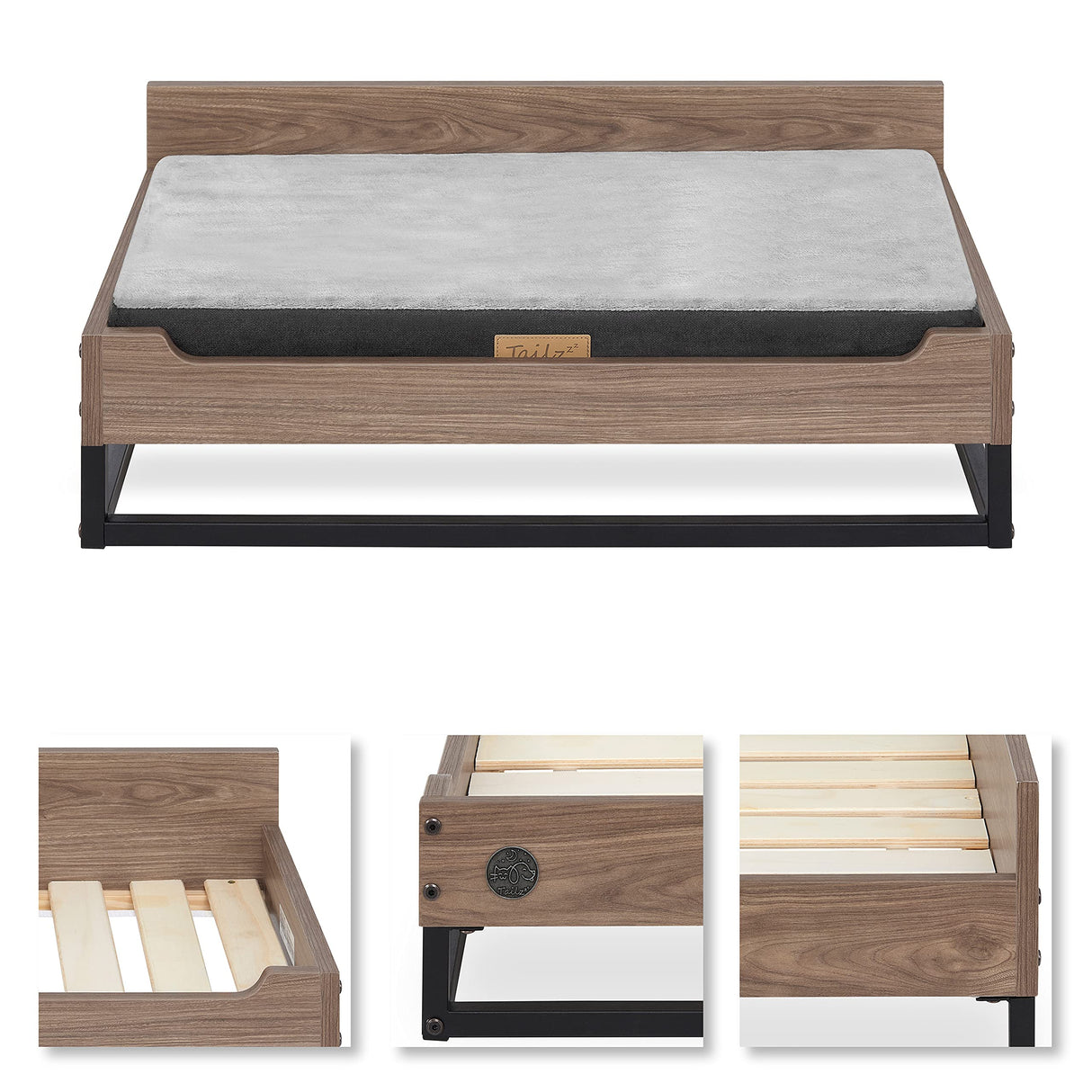 TailZzz Wooden Dog Bed and Dog Couch with Water-Resistant Mattress, Small to Medium Elevated Pet Bed with Calming Mattress, Greenguard Gold Certified, Dog Beds & Furniture, Milo, Walnut TailZzz