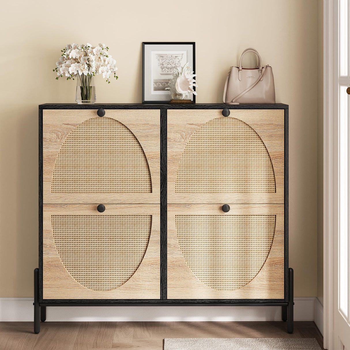 IRONCK Rattan Shoe Cabinet Storage with 4 Flip Drawers, Freestanding Shoe Storage Organizer Cabinet for Entryway, Narrow Shoe Rack Cabinet, Black IRONCK