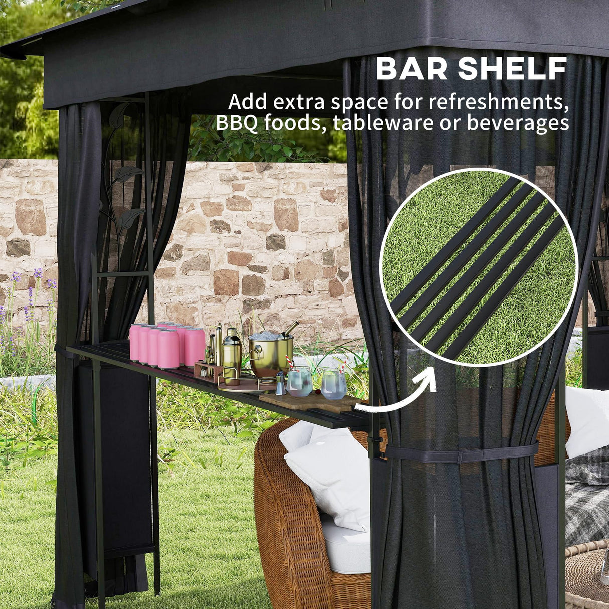 Outsunny 10' x 10' Outdoor Gazebo with Shelves and Netting, Double Roof Patio Gazebo Canopy Shelter, UV30+ Protected for Lawn, Backyard and Deck, Dark Gray Outsunny