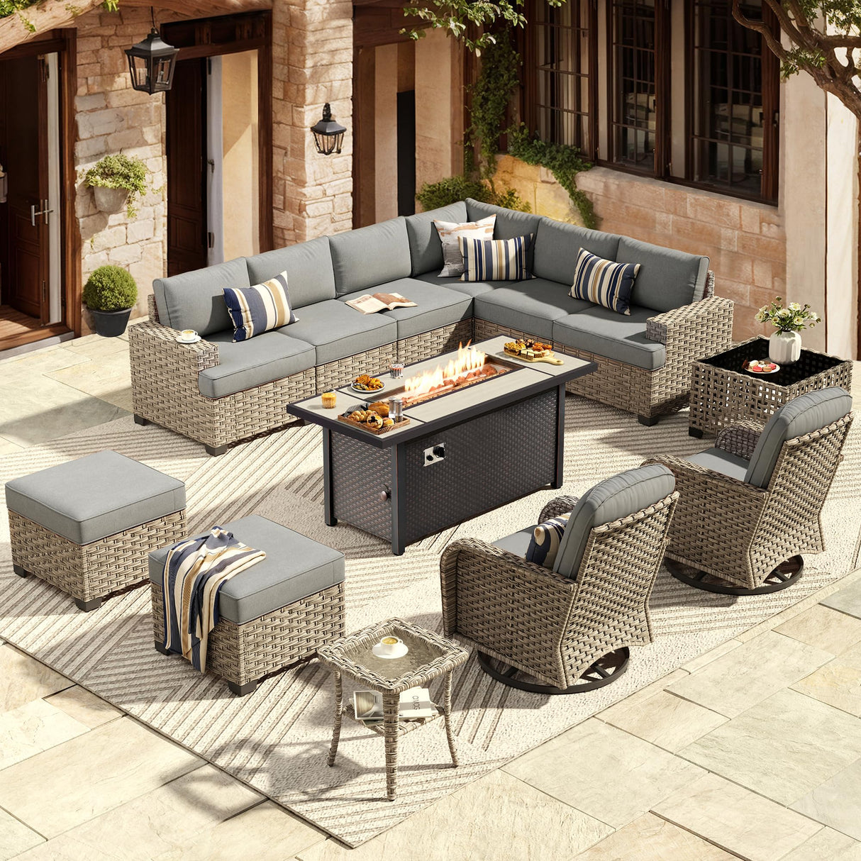 HOOOWOOO Outdoor Sectional Patio Furniture Set with Fire Pit Table,13 Pieces Wicker Conversation Sets L Shaped Couch,Extra Deep Out Door Sofa Outside Furniture with Swivel Chairs Ottoman,Charcoal Gray HOOOWOOO