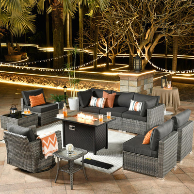 ovios 10 Piece Outdoor Patio Furniture Set with Fire Pit Table,Conversation Sectional Wicker Couch with Swivel Chairs,Modern Outside Sofa for Balcony Backyard, Black